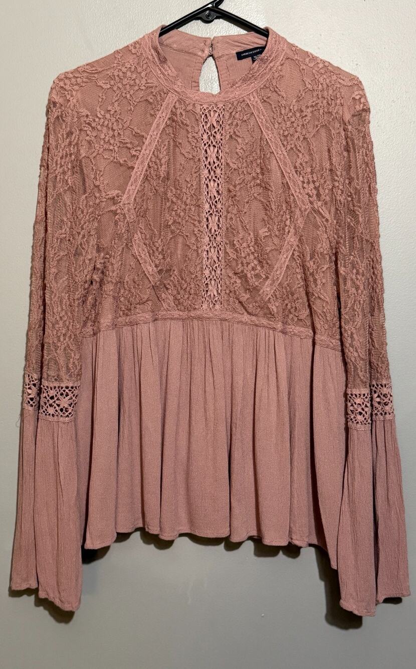 American Eagle XL Dusty Rose Lace Bell Sleeve Blouse Boho Peasant Crochet Top